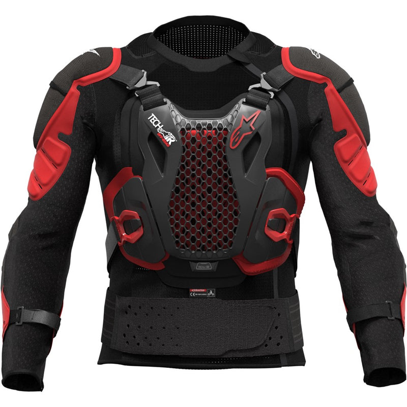 Introducing the Alpinestars Tech-Air Off Road System from Crown Kiwi Enterprises Limited: a black and red protective motorcycle jacket featuring padded armor, mesh ventilation, and buckle closures for optimal safety and comfort. Equipped with an innovative airbag system, this jacket offers superior off-road protection inspired by the demanding conditions of the Dakar Rally.