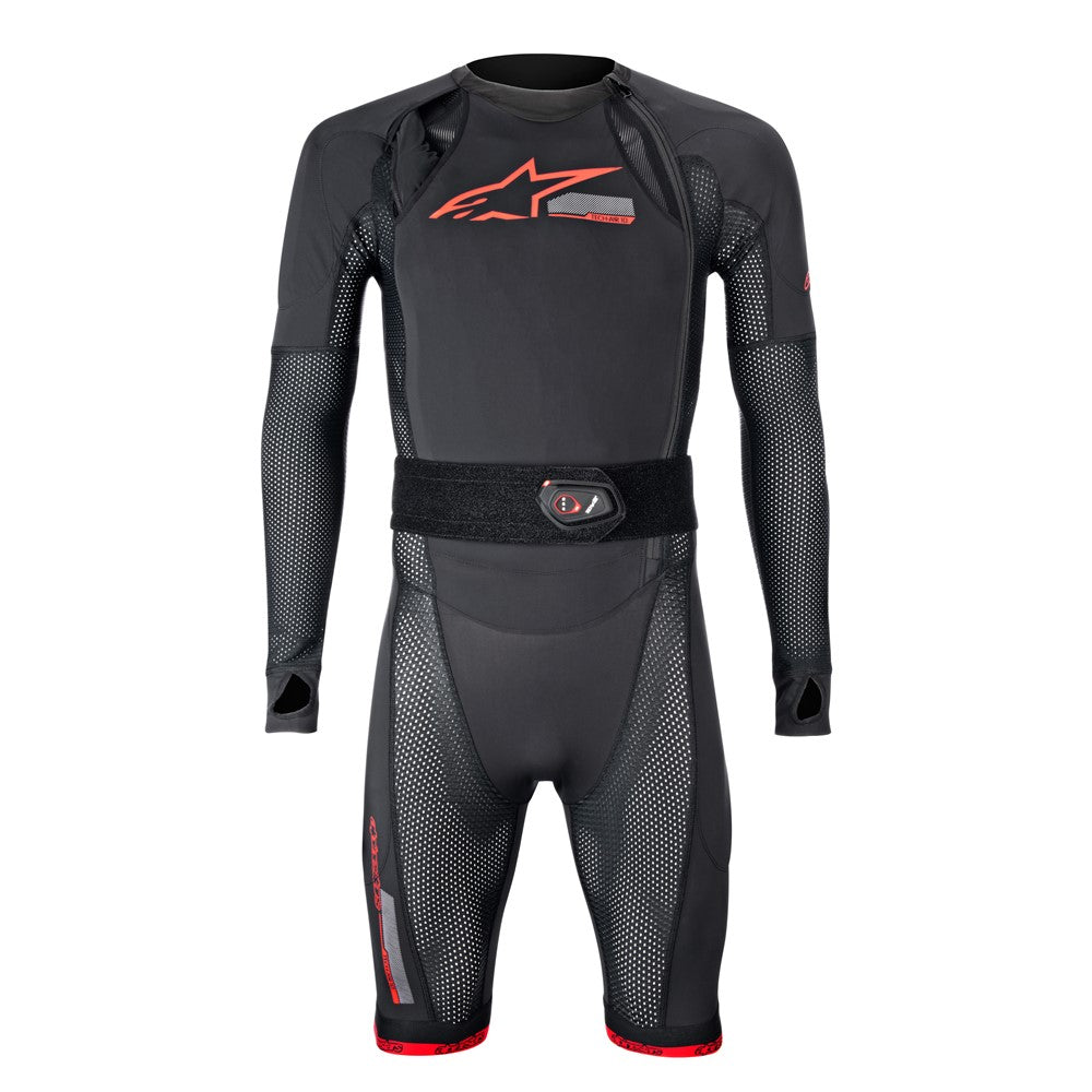 The Alpinestars Tech-Air 10 System by ALPINESTARS is a black protective suit with red accents, featuring a mesh back for ventilation and padded sections for body protection. Designed for high-impact sports, it includes advanced autonomous airbag support with Tech-Air® 10 technology.