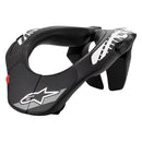 The Alpinestars Youth Neck Support, offered by Crown Kiwi Enterprises Limited, showcases a sleek black and white design with a prominent logo and red accents. This accessory provides contoured, ergonomic support for neck protection, making it perfect for motorsports or extreme sports safety.
