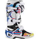 The Alpinestars Tech-10 Boot Graphics by Crown Kiwi Enterprises Limited is a vibrant motocross essential, featuring bold blue/cyan/red with striking yellow, black, and white patterns. Its robust design with multiple buckles ensures ultimate protection.