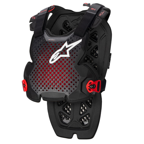 The Alpinestars A-1 Pro Chest Protector by ALPINESTARS is a black and red, CE certified motorcycle chest protector. It has a perforated front for ventilation, adjustable shoulder straps, and a logo, with padded sections and secure fasteners for reliable protection in a sleek design.
