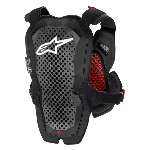 The Alpinestars A-1 Pro Chest Protector by ALPINESTARS is a black and red, CE certified motorcycle chest protector. It has a perforated front for ventilation, adjustable shoulder straps, and a logo, with padded sections and secure fasteners for reliable protection in a sleek design.