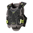 The Alpinestars A-4 Max Chest Protector by ALPINESTARS is grey and black with ventilation perforations, lime green accents, and buckles. It features the brand's logo on the chest and shoulder straps for style and safety.