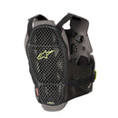 The Alpinestars A-4 Max Chest Protector by ALPINESTARS is grey and black with ventilation perforations, lime green accents, and buckles. It features the brand's logo on the chest and shoulder straps for style and safety.