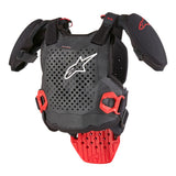 The ALPINESTARS Alpinestars A-5S v2 Youth Body Armour is a black and red protective chest and shoulder guard with a perforated design, offering Level 2 CE/UKCA Certified impact protection. It features adjustable straps and a prominent logo, perfect for youth motorcycling or biking.