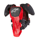 The ALPINESTARS Alpinestars A-5S v2 Youth Body Armour is a black and red protective chest and shoulder guard with a perforated design, offering Level 2 CE/UKCA Certified impact protection. It features adjustable straps and a prominent logo, perfect for youth motorcycling or biking.