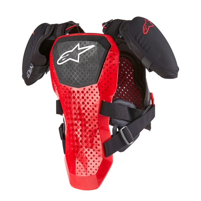 The ALPINESTARS Alpinestars A-5S v2 Youth Body Armour is a black and red protective chest and shoulder guard with a perforated design, offering Level 2 CE/UKCA Certified impact protection. It features adjustable straps and a prominent logo, perfect for youth motorcycling or biking.