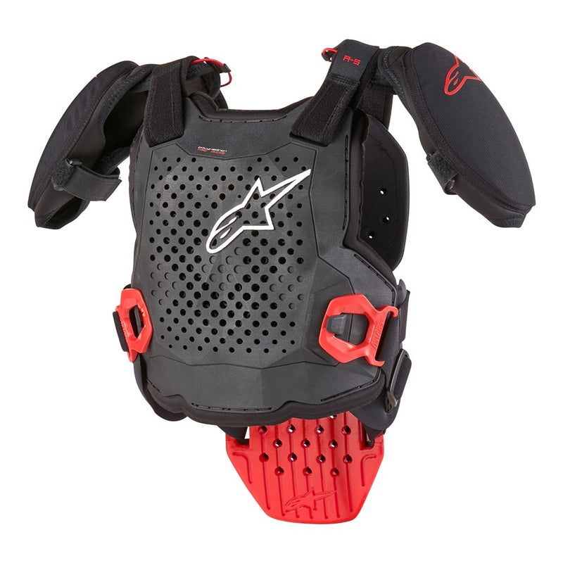 The ALPINESTARS Alpinestars A-5S v2 Youth Body Armour is a black and red protective chest and shoulder guard with a perforated design, offering Level 2 CE/UKCA Certified impact protection. It features adjustable straps and a prominent logo, perfect for youth motorcycling or biking.