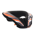 Introducing the Alpinestars Sequence Youth Neck Roll by Crown Kiwi Enterprises Limited, a stylish black and orange motocross neck brace available in S/M. It features eye-catching graphic patterns and a robust structure for optimal neck protection, ensuring both safety and style on the track.