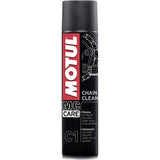 Image of a spray can of Motul Chain Clean 400ml, a motorcycle chain degreaser. The black can features the Motul logo in white and red, with text indicating it eliminates incrusted deposits such as sand, soil, oil, and greases while being perfect for O-ring, X-ring, Z-ring chains.