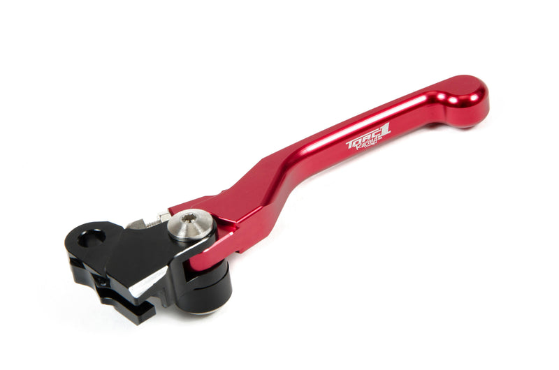 A high-quality CLUTCH LEVER TORC1 RACING FLEX SPARE BLACK LEVER RED HONDA CR125R CR250R 04-07 CRF250R 05-20 CRF450R on a white background. The lever, from the renowned brand TORC1 RACING, is made of metal and features a sleek design with a black mounting base and a red anodized handle—ideal for dirt bike enthusiasts seeking top-notch performance products.