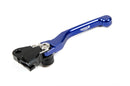 A blue and black clutch lever from TORC1 RACING, crafted from CNC billet aluminum with a metallic finish. Featuring the "TORC1 RACING" logo, this lever includes an adjustable dial and offers a sleek, ergonomic design to enhance motorcycle control. Ideal for Husqvarna models TC65 17-on and TC85 14-on, it also comes with a spare black lever.