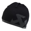 The Akrapovic Beanie by AKRAPOVIC is a black knit cap with a large gray "X" design. Made from wool, it offers a snug fit and simple, modern style perfect for cold weather.