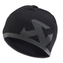 The Akrapovic Beanie by AKRAPOVIC is a black knit cap with a large gray "X" design. Made from wool, it offers a snug fit and simple, modern style perfect for cold weather.