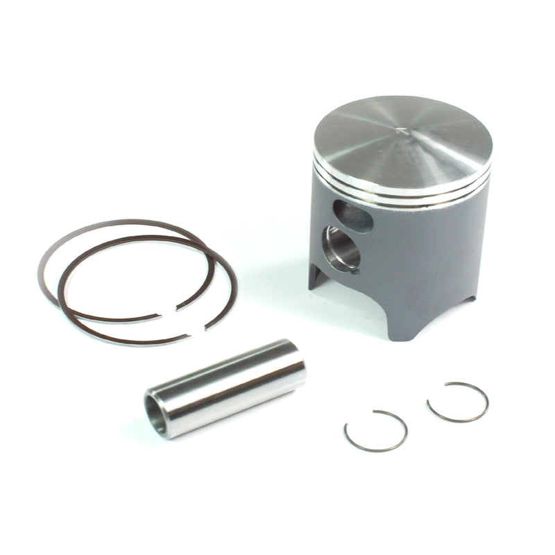 A WOSSNER PISTON KIT for a Suzuki RM125 (2004-2011), featuring a 53.97mm cylindrical piston, a piston pin, two VERTEX rings (53010005400), and two circlips, is displayed on a plain white background. The gray piston showcases a smooth, shiny metallic top.