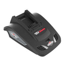 The image shows a black, sleek, and compact Victa 18V Single Charger with a built-in handle and an identifiable badge. It features modern ventilation slots, a power connector port, and an LED display indicator for easy monitoring.