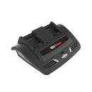 A black Victa 18V Dual Charger designed for Victa power tools, featuring two silver ventilation grilles on the front and a label indicating its voltage and brand. This sleek, compact unit accommodates 18V batteries, with side slots for airflow and a convenient USB charging socket.