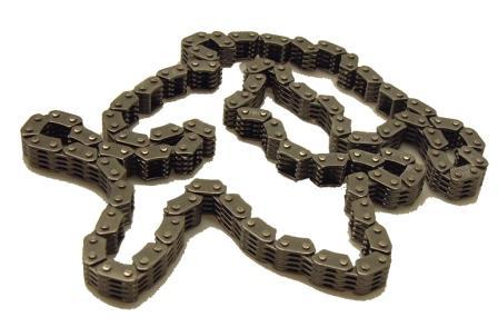 A CAM CHAIN MORSE VERTEX HUSQVARNA FC250 350 FE250 350 FC450 KTM250 350EXCF 250 350SXF FREERIDE250F from the VERTEX brand, laid out on a white surface. This chain, similar to those used in Vertex Morse systems, has multiple linked segments and is commonly utilized in machinery for transmitting mechanical power.