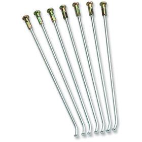An image displaying the SPOKE FRONT 9G 9 from J TITMAN RACING, featuring seven stainless steel spokes for a bicycle wheel arranged in a row. The threaded ends designed for hub attachment are on the left, gradually tapering to the right ends with 90-degree bends. The slightly gold-colored heads of the spokes echo the precision found in Honda CR125R components.