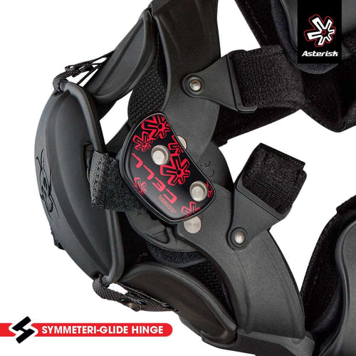 A pair of black KNEE BRACES ASTERISK JUNIOR CELL FOR DIRTBIKE RIDERS with adjustable straps and padding for support and protection. Each brace features a skeletal design logo on the front, part of the ASTERISK Junior Cell knee protection system.