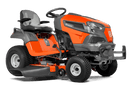 A Husqvarna TS242TXD Ride-On Mower is shown in bright orange, featuring a comfortable gray seat with armrests, large textured tires, and a robust ClearCut™ deck underneath. The side discharge tractor boasts a modern design with the prominent Husqvarna logo on its front.