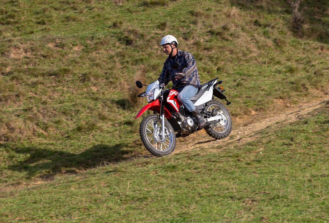 A red, white, and black Honda dual-sport motorcycle, the XR150L, is shown in profile on a white background. The bike features off-road tires, a high front fender, and a black seat with the 