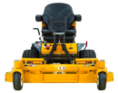 A bright yellow industrial lawn mower, the Walker B27i Zero Turn Mower, with black handles, a comfortable black seat, and large rear wheels. Its robust design features a cutting deck in the front and offers zero-turn capability, making it suitable for heavy-duty landscaping tasks.