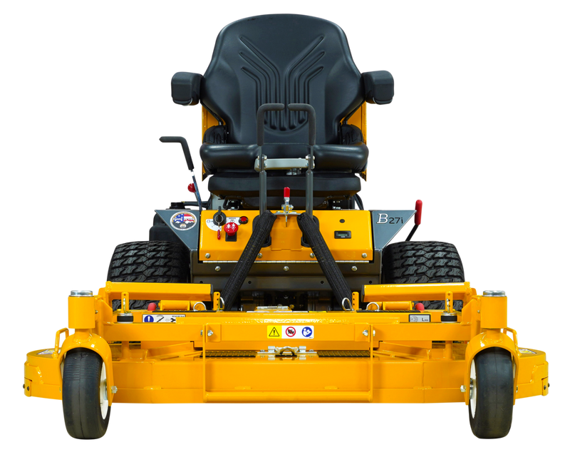 A bright yellow industrial lawn mower, the Walker B27i Zero Turn Mower, with black handles, a comfortable black seat, and large rear wheels. Its robust design features a cutting deck in the front and offers zero-turn capability, making it suitable for heavy-duty landscaping tasks.