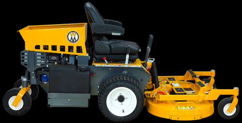 A bright yellow industrial lawn mower, the Walker B27i Zero Turn Mower, with black handles, a comfortable black seat, and large rear wheels. Its robust design features a cutting deck in the front and offers zero-turn capability, making it suitable for heavy-duty landscaping tasks.