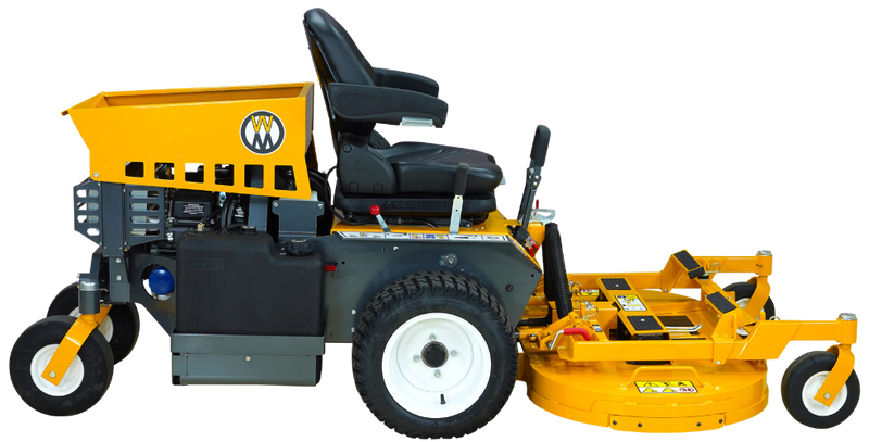 A bright yellow industrial lawn mower, the Walker B27i Zero Turn Mower, with black handles, a comfortable black seat, and large rear wheels. Its robust design features a cutting deck in the front and offers zero-turn capability, making it suitable for heavy-duty landscaping tasks.