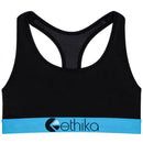 The ETHIKA WOMENS SUBZERO BLUE BLACK SPORTS BRA by Ethika is a black athletic sports bra with a racerback design. It features a wide blue elastic band at the bottom adorned with the "Ethika" logo printed in black. This low-impact bra is crafted from hyper-cooling fabric to ensure maximum comfort during workouts.