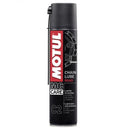 A 400ml can of Motul Chain Lube - Road, known as "MC Care C2," is specifically designed for lubricating and protecting motorcycle chains. Ideal for high-speed motorcycles, the predominantly black can features red and white branding with a chain link diagram, and the label includes text in both English and French.