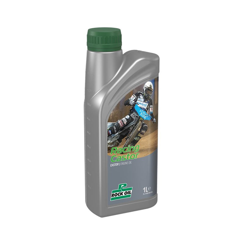 A silver 1-liter bottle of ROCK OIL CASTOR OIL RACING ROCK OIL 1L with a green cap. The label features a motorcyclist in racing gear speeding on a track, alongside the product name "CASTOR OIL RACING ROCK OIL 1L," ideal for traditional castor lubricant and 2-stroke lubrication needs.