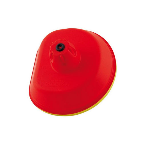 A red and yellow cap, ideally designed for a CRF250R fuel can, boasts a round protruding nozzle to facilitate pouring. Its smooth, glossy finish ensures both durability and style, harmonizing effortlessly with RTECH's streamlined design philosophy showcased in products like the AIR BOX WASH COVER for Honda models including the CRF450R and CRF250R.