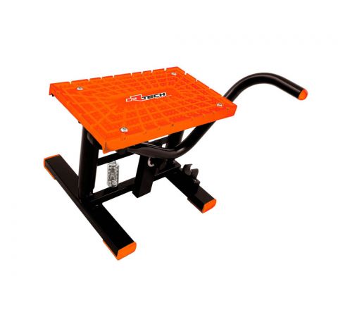The FOOT LIFT STAND RTECH FOR MINI'S & MOTARDS UP TO 150KG MADE IN ITALY ORANGE by RTECH is an orange and black motorcycle lift stand with a rectangular platform and lever handle. The platform features a Plastic Rubber Top Plate Surface with a grid pattern, and the base has four legs for stability, each capped in orange. Made from High Strength Tubular Steel, the lever is designed for easy lifting.
