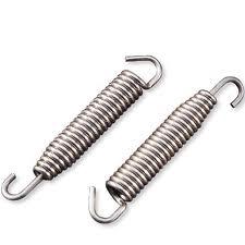 Two metal tension springs with coiled bodies and hooked ends, placed parallel to each other on a plain white background. These DEP Exhaust Springs S7 Mid Section to Muffler, provided in a convenient 2 pack, are silver in color and appear to be identical in size and shape—ideal for securing the mid-section to the muffler.