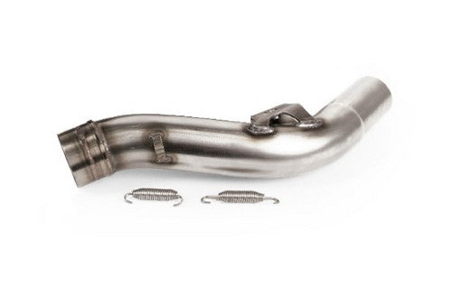 A gleaming metallic DEP Exhaust Mid Section S7R performance exhaust pipe, featuring a slight bend and mounting bracket, is ready for the Suzuki RMZ450. Two circular clamps with springs are positioned next to the pipe on a white background, completing this addition for the 18-19 model.