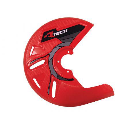 A red plastic DISC GUARD RTECH SUITABLE FOR STD OR OVERSIZE DISC REQUIRES MOUNTING KIT SOLD SEPARATELY RED for a dirt bike, featuring geometric cutouts and black detailing with the text "RTECH" in black and white. The aerodynamic design includes a mounting kit and a cutout section for brake caliper clearance.