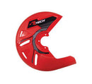 A red plastic DISC GUARD RTECH SUITABLE FOR STD OR OVERSIZE DISC REQUIRES MOUNTING KIT SOLD SEPARATELY RED for a dirt bike, featuring geometric cutouts and black detailing with the text "RTECH" in black and white. The aerodynamic design includes a mounting kit and a cutout section for brake caliper clearance.