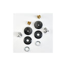 A collection of small mechanical components for the REPLACEMENT BASE PLATE ELDORADO E70 arranged on a white surface. The Eldorado E70 components include black and silver washers, brass cylindrical bushings, and silver screw-like parts with ring-shaped objects.
