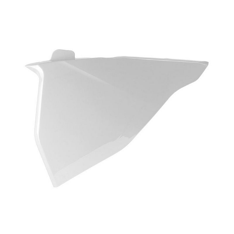 A white, geometric plastic RTECH AIRBOX SIDE PANEL GASGAS MC125 MC250 MC250F MC350F MC450F EC250 EC300 EC250F EC350F 21-22 WHITE with a sleek, angular design. The panel features a protruding tab at one end, possibly for attachment purposes. The surface is smooth and reflective, giving it a shiny appearance.