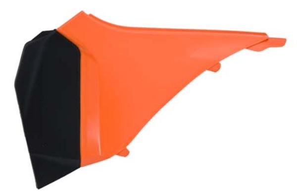 The AIR BOX COVER RTECH LEFT HAND for KTM models boast an orange and black plastic geometric design akin to KTM's style, featuring sharp edges and visible mounting tabs on the inner side.