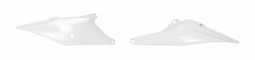 Two RTECH AIRBOX SIDEPANELS KTM (125SX, 150SX, 250SX, 250SXF, 350SXF, 450SXF, 250XC, 350XCF, and 450XCF) from the years 2019-2021 are placed against a plain white background. The symmetrical white plastic panels show mounting points on both sides and the left panel features a circular hole.