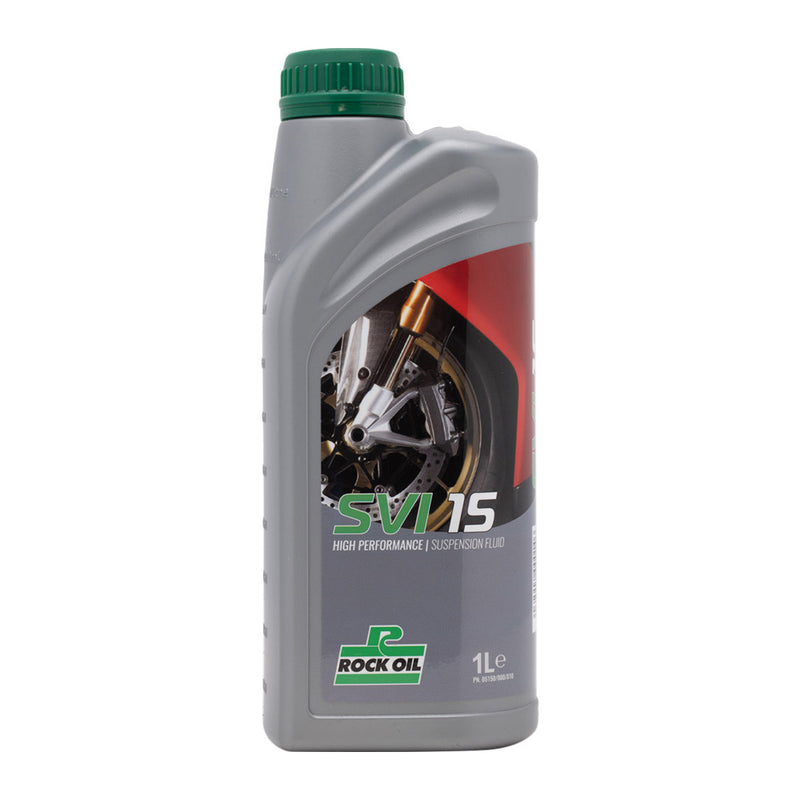 Image of a grey one-liter bottle of ROCK OIL suspension fluid, labeled "FORK SUSPENSION FLUID SVI 15 ROCK OIL 1L." The bottle features a green cap and a sticker depicting a close-up of a motorcycle suspension system. This high-performance suspension fluid boasts fortified lubricants for superior performance.