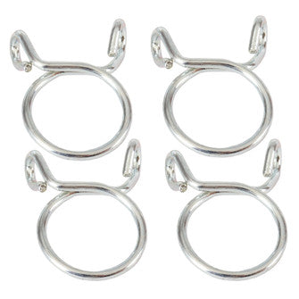The FUELLINE CLAMP REFILL 4PC FUELSTAR from VERTEX consists of four precision-engineered, shiny silver clamps with a wire-style layout. The clamps are arranged in two vertical columns, each containing two clamps. These 9.8mm replacement fuel line clamps reflect the meticulous design and functionality comparable to the original Fuel Star product.