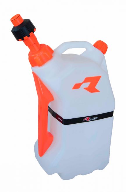 The RTECH FUEL CAN RTECH 15 LITRE QUICK REFUELING FITS INTO R15 STAND FOR EASY TRANSPORTATION ORANGE is a translucent white plastic fuel can with an orange spout and handle. The jug features a black strap and an orange "R" logo on the front. It is designed for easy pouring, handling, and quick refueling with a quick fill system.