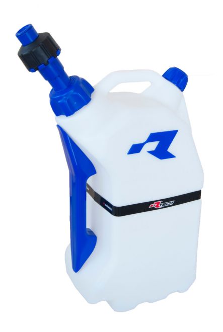 The FUEL CAN RTECH 15 LITRE QUICK REFUELING features a white plastic container with a blue nozzle and handle. It is adorned with a blue "R" logo and a small "RTECH" brand label. This fuel can has a wide mouth for easy pouring, incorporates a quick fill system, and includes a side handle for convenient carrying.