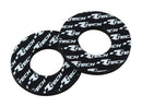 The HANDLEBAR GRIP DOUNT RTECH ANTI BLISTER grips, branded by RTECH, come in pairs and feature black foam construction with white "R TECH" logos. These grips have circular openings designed for easy installation on bicycle or motorcycle handlebars, providing enhanced grip and comfort.