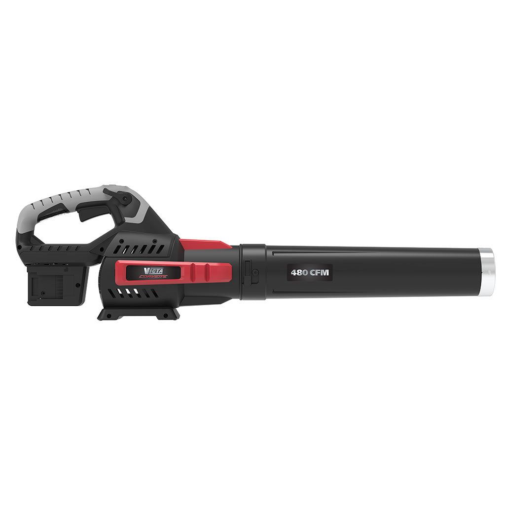 The Victa Corvette 18V Dual Battery Blower - Console Only is a sleek black and red cordless leaf blower that features a brushless motor, dual-lever cruise control, and a large nozzle. It comes with two lithium-ion battery packs for enhanced performance and includes a comfortable grey grip handle. The blower prominently displays 
