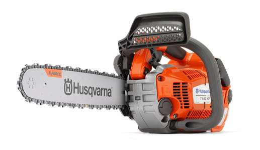An advertisement for Husqvarna featuring an orange and grey Husqvarna T540 XP® II Chainsaw with the 